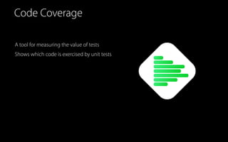 Code Coverage
A tool for measuring the value of tests
Shows which code is exercised by unit tests
 