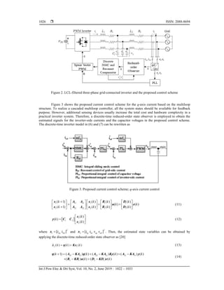  ISSN: 2088-8694
Int J Pow Elec & Dri Syst, Vol. 10, No. 2, June 2019 : 1022 – 1033
1026
Figure 2. LCL-filtered three-phase grid-connected inverter and the proposed control scheme
Figure 3 shows the proposed current control scheme for the q-axis current based on the multiloop
structure. To realize a cascaded multiloop controller, all the system states should be available for feedback
purpose. However, additional sensing devices usually increase the total cost and hardware complexity in a
practical inverter system. Therefore, a discrete-time reduced-order state observer is employed to obtain the
estimated signals for the inverter-side currents and the capacitor voltages in the proposed control scheme.
The discrete-time inverter model in (6) and (7) can be rewritten as
Figure 3. Proposed current control scheme; q-axis current control
1 11 12 1 1 1
2 21 22 2 2 2
( 1) ( ) ( ) ( )
( ) ( )
( 1) ( ) ( ) ( )
k k k k
k k
k k k k

         
  
         

         
x A A x B D
u e
x A A x B D
(11)
  1
1 2
2
( )
( )
( )
k
k
k
 
  
 
x
y C C
x
(12)
where 1 2 2
[ ]T
q d
i i

x and 2 1 1
[ ]T
q d cq cd
i i v v

x . Then, the estimated state variables can be obtained by
applying the discrete-time reduced-order state observer as [20]
2 1
ˆ ( ) ( ) ( )
k k k
 
x η Kx (13)
22 12 22 12 21 11
2 1 2 1
( 1) ( ) ( ) ( ) ( ) ( ) ( )
( ) ( ) ( ) ( )
k k k k
k k
      
   
η A KA η A KA Ky A KA y
B KB u D KD e
(14)
 