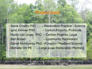 Project team 
• Steve Crooks PhD – Restoration Practice / Science 
• Igino Emmer PhD – Carbon Projects, Protocols 
• Moritz von Unger PhD – Carbon Projects, Legal 
• Ben Brown – Community Restoration 
• Daniel Murdiyarso PhD –Forestry / Peatland Science 
• Michelle Orr PE – Large-scale Restoration Planning 
 