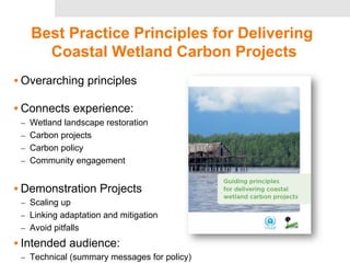 Best Practice Principles for Delivering 
Coastal Wetland Carbon Projects 
• Overarching principles 
• Connects experience: 
– Wetland landscape restoration 
– Carbon projects 
– Carbon policy 
– Community engagement 
• Demonstration Projects 
– Scaling up 
– Linking adaptation and mitigation 
– Avoid pitfalls 
• Intended audience: 
– Technical (summary messages for policy) 
 