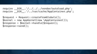 require __DIR__.'/../../../vendor/autoload.php';
require __DIR__.'/../var/cache/AppContainer.php';
$request = Request::createFromGlobals();
$kernel = new AppKernel(new AppContainer());
$response = $kernel->handle($request);
$response->send();
 