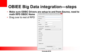Innovate 2016
OBIEE Big Data integration—steps
• Make sure ODBC Drivers are setup to and from Source, need to
math RPD OBDC Name
• Drag over to rest of RPD
 