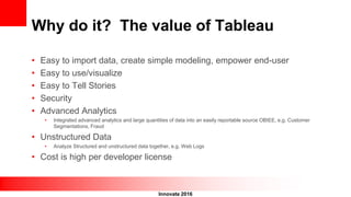 Innovate 2016
Why do it? The value of Tableau
• Easy to import data, create simple modeling, empower end-user
• Easy to use/visualize
• Easy to Tell Stories
• Security
• Advanced Analytics
• Integrated advanced analytics and large quantities of data into an easily reportable source OBIEE, e.g. Customer
Segmentations, Fraud
• Unstructured Data
• Analyze Structured and unstructured data together, e.g. Web Logs
• Cost is high per developer license
 