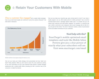 4: Retain Your Customers With Mobile

Once a customer has engaged with a single mobile campaign,                                   How can you keep your long-time app users coming back for more? If you have a
how do you build brand loyalty and continue to nurture the customer lifecycle? It all        loyalty program, can you offer double points for mobile purchases? Use a one-time
boils down to relevance.                                                                     incentive-based email to reengage lapsed mobile users. Or consider how you can
                                                                                             reward loyal customers with geo-location targeting. For example, if a long-time app
                                                                                             user is within a half-mile of your restaurant, send a push message with an offer for a
                                                                                             buy-one-get-one-free entrée. This level of relevance creates a sense of personalized
     The Relevancy Curve                                                                     service and added convenience for your customers.




                                                                                                               Need help with this?
                                                                                             ExactTarget’s mobile-optimized email

                                                                                Engagement
                                                                                             templates and tools like Mobile Inbox
                                                                                                 Preview give you a clear picture of
                                                                                             exactly what your subscribers will see.
              Blast         Proﬁle        Persona       Behavior   Engagement
                                                                                                  Visit www.exacttarget.com/email
              Driven        Driven         Driven        Driven      Driven

                                        Relevancy



Mobile marketers must progress along the relevancy curve.


How can you make your mobile strategy more personalized and less “batch and
blast”? Data collection. While you don’t want to scare off a new customer by asking
for too much information too soon, give customers easy access to update message
preferences with a unified profile center, providing you with a common view of the
consumer, no matter the channel.




11                                                                                                                        4 Stages of a Smart Mobile Strategy
 
