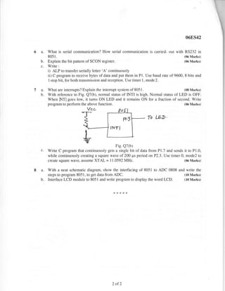 068S42


6a.        What is serial communication? How serial communication is canied- out with RS232 in
           8051   .                                                                         (06 Marks)
      b.   Explain the bit pattem of SCON register.                                         (06 Marks)
      c.   Write :
           i) ALP to transfer serially letter 'A' continuously
           ii) C program to receive bytes of data and put them in Pl. Use baud rate of9600, 8 bits and
           1 stop bit, for both transmission and reception. Use timer 1, mode2.


ta.        What are intemrpts? Explain the intem.rpt system of 805 I .                     (08 Ma*s)
      b.   With reference to Fig. Q7(b), normal status of INTI is high. Normal status of LED is OFF.
           When INT I goes low, it tums ON LED and it remains ON for a fraction of second. Write
           program to perform the above function.                                          (06 Marks)



                                                                      To LED.




                                                   Fie. Q7(b)
      c.   Write C program that continuously gets a single bit of data from Pl.7 and sends it to P1.0,
           while continuously creating a square wave of 200 ps period on P2.3. Use timer 0, mode2 to
           create square wave, assume XTAL = I 1.0592 MHz.                                 (06 Marks)


8a.        With a neat schematic diagram, show the interfacing of 8051 to ADC 0808 and write the
           steps to program 8051, to get data from ADC.                                     (10 Marks)
      b.   Interface LCD module to 8051 and write program to display the word LCD.          (10 Marks)




                                                 2of2
 