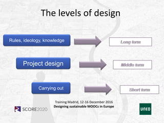Training Madrid, 12-16 December 2016
Designing sustainable MOOCs in Europe
The levels of design
Rules, ideology, knowledge
Project design
Carrying out
 