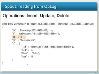 24
Spout: reading from OpLog
Operations: Insert, Update, Delete
 