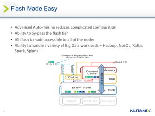 10
Flash Made Easy
• Advanced Auto-Tiering reduces complicated configuration
• Ability to by-pass the flash tier
• All flash is made accessible to all of the nodes
• Ability to handle a variety of Big Data workloads – Hadoop, NoSQL, Kafka,
Spark, Splunk….
Com put e fingerprint and
st ore in met adat a
SSD
Mem ory
HDD
Cont ent
Cache
Op Log
Ext ent St ore
Ext ensibleCloud NA S, et c.
CacheDrain
Random
Sequential
Read I/ O
W rit e I/ O
NDFSEDE
 