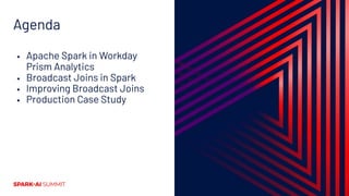 Agenda
▪ Apache Spark in Workday
Prism Analytics
▪ Broadcast Joins in Spark
▪ Improving Broadcast Joins
▪ Production Case Study
 