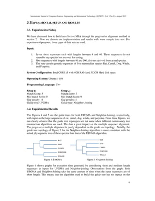 International Journal of Computer Science,
3. EXPERIMENTAL SETUP
3.1. Experimental Setup
We have discussed how to build
section 2. Now we discuss our
experimental purposes, three types
Input:
1. Seven short sequences
resemble any species but
2. Five sequences with lengths
3. The beta-cassein genetic
and Porpoise.
System Configuration: Intel CORE
Operating System: Ubuntu 14.04
Programming Language: C++
Setup 1:
Match Score: 3
Mis-match Score: 0
Gap penalty: -1
Guide-tree: UPGMA
3.2. Experimental Results
The Figures 4 and 5 are the guide
with input as the large sequences
can clearly observe that the guide
construction algorithms are used.
The progressive multiple alignment
guide tree topology of Figure 5
actual phylogenetic tree of these
Figure 4: UPGMA
Figure 6 shows graphs for execution
sequences as inputs for UPGMA
UPGMA and Neighbor-Joining
short length. This means that the
Science, Engineering and Information Technology (IJCSEIT), Vol. 5,No.3/4,
AND RESULTS
build an effective MSA through the progressive alignment
our implementation and results with some sample data
types of data sets are used:
each with lengths between 4 and 40. These sequences
but are used for testing.
lengths between 40 and 500, also not derived from actual
genetic sequences of five mammalian species Rat, Camel,
CORE i5 with 4GB RAM and 512GB Hard disk space.
14.04
Setup 2:
Match Score: 3
Mis-match Score: 0
Gap penalty: -1
Guide-tree: Neighbor-Joining
guide trees for both UPGMA and Neighbor-Joining,
sequences of rat, camel, dog, whale, and porpoise. From these
guide tree topologies are not same when different evolutionary
used. This has a great impact on the multiple sequence
alignment is purely dependent on the guide tree topology.
for the Neighbor-Joining algorithm is more consistent
species than that of the UPGMA algorithm.
UPGMA Figure 5: Neighbor-Joining
execution time generated by considering short and medium
UPGMA and Neighbor-joining. Observations from the
take the same amount of time when the input sequences
the algorithm used to build the guide tree has no impact
5,No.3/4, August 2015
6
alignment method in
data sets. For
sequences do not
actual species.
Camel, Dog, Whale,
space.
respectively,
these figures, we
evolutionary tree
sequence alignment.
Notably, the
consistent with the
medium length
graph: Both
sequences are of
impact on the
 