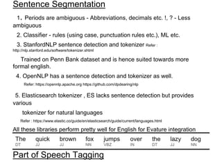 Sentence Segmentation
1. Periods are ambiguous - Abbreviations, decimals etc. !, ? - Less
ambiguous
2. Classifier - rules (using case, punctuation rules etc.), ML etc.
3. StanfordNLP sentence detection and tokenizer Refer :
http://nlp.stanford.edu/software/tokenizer.shtml
Trained on Penn Bank dataset and is hence suited towards more
formal english.
4. OpenNLP has a sentence detection and tokenizer as well.
Refer: https://opennlp.apache.org https://github.com/dpdearing/nlp
5. Elasticsearch tokenizer , ES lacks sentence detection but provides
various
tokenizer for natural languages
Refer : https://www.elastic.co/guide/en/elasticsearch/guide/current/languages.html
All these libraries perform pretty well for English for Evature integration
Elasticsearch is the way for general NLP an evaluation of other libs are
required as well
Part of Speech Tagging
 