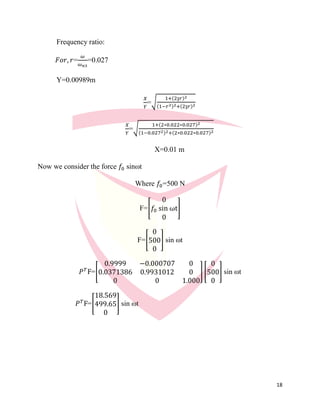 18
Frequency ratio:
𝐹𝑜𝑟, 𝑟=
𝜔
𝜔 𝑛3
=0.027
Y=0.00989m
𝑋
𝑌
=√
1+(2ƺ𝑟)2
(1−𝑟2)2+(2ƺ𝑟)2
𝑋
𝑌
=√
1+(2∗0.022∗0.027)2
(1−0.0272)2+(2∗0.022∗0.027)2
X=0.01 m
Now we consider the force 𝑓0 sinωt
Where 𝑓0=500 N
F=[
0
𝑓0 sin ωt
0
]
F=[
0
500
0
] sin ωt
𝑃 𝑇
F=[
0.9999 −0.000707 0
0.0371386 0.9931012 0
0 0 1.000
] [
0
500
0
] sin ωt
𝑃 𝑇
F=[
18.569
499.65
0
] sin ωt
 
