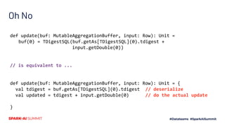 Oh No
def update(buf: MutableAggregationBuffer, input: Row): Unit =
buf(0) = TDigestSQL(buf.getAs[TDigestSQL](0).tdigest +
input.getDouble(0))
// is equivalent to ...
def update(buf: MutableAggregationBuffer, input: Row): Unit = {
val tdigest = buf.getAs[TDigestSQL](0).tdigest // deserialize
val updated = tdigest + input.getDouble(0) // do the actual update
}
 