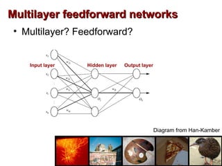 Multilayer feedforward networks
Multilayer feedforward networks
• Multilayer? Feedforward?
Input layer Output layer
Hidden layer
Diagram from Han-Kamber
 