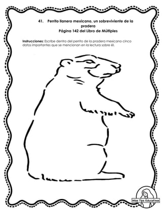 41. Perrito llanero mexicano, un sobreviviente de la
pradera
Página 142 del Libro de Múltiples
Instrucciones: Escribe dentro del perrito de la pradera mexicano cinco
datos importantes que se mencionan en la lectura sobre él.
 