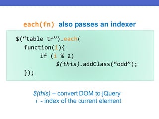 $(“table tr”).each(
function(i){
if (i % 2)
$(this).addClass(“odd”);
});
$(this) – convert DOM to jQuery
i - index of the current element
each(fn) also passes an indexer
 