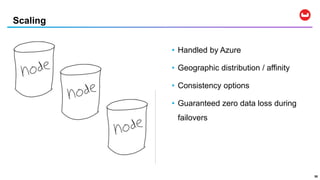 Scaling
50
• Handled by Azure
• Geographic distribution / affinity
• Consistency options
• Guaranteed zero data loss during
failovers
 