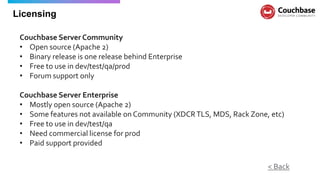 Licensing
Couchbase Server Community
• Open source (Apache 2)
• Binary release is one release behind Enterprise
• Free to use in dev/test/qa/prod
• Forum support only
Couchbase Server Enterprise
• Mostly open source (Apache 2)
• Some features not available on Community (XDCRTLS, MDS, Rack Zone, etc)
• Free to use in dev/test/qa
• Need commercial license for prod
• Paid support provided
< Back
 