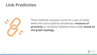 These methods compute a score for a pair of nodes,
where the score could be considered a measure of
proximity or “similarity” between those nodes based on
the graph topology.
Link Prediction
53
 