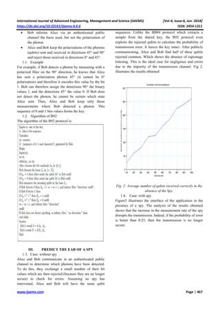 International Journal of Advanced Engineering, Management and Science (IJAEMS) [Vol-4, Issue-6, Jun- 2018]
https://dx.doi.org/10.22161/ijaems.4.6.6 ISSN: 2454-1311
www.ijaems.com Page | 467
 Bob informs Alice via an authenticated public
channel the basis used, but not the polarization of
the photon.
 Alice and Bob keep the polarizations of the photons
(qubits) sent and received in directions 45° and 90°
and reject those received in directions 0° and 45°.
1.1. Example
For example, if Bob detects a photon by measuring with a
polarized filter on the 90° direction, he knows that Alice
has sent a polarization photon 45° (it cannot be 0°
polarization) and therefore it encodes this value by the bit
1. Bob can therefore assign the detections 90° the binary
values 1, and the detections 45° the value 0. If Bob does
not detect the photon, he cannot be certain which state
Alice sent. Thus, Alice and Bob keep only those
measurements where Bob detected a photon. This
sequence of 0 and 1 bits values forms the key.
1.2. Algorithm of B92
The algorithm of the B92 protocol is:
III. PREDICT THE EAR OF A SPY
1.3. Case: without spy
Alice and Bob communicate in an authenticated public
channel to determine which photons have been detected.
To do this, they exchange a small number of their bit
values which are then rejected (because they are no longer
secure) to check for errors. Assuming no spy has
intervened, Alice and Bob will have the same qubit
sequences. Unlike the BB84 protocol which extracts a
sample from the shared key, the B92 protocol even
exploits the rejected qubits to calculate the probability of
transmission error. It leaves the key intact. After publicly
communicating, Alice and Bob find half of these qubits
rejected common. Which shows the absence of espionage
listening. This is the ideal case for negligence and errors
due to the impurity of the transmission channel. Fig 2.
illustrates the results obtained
Fig. 2: Average number of qubits received correctly in the
absence of the Spy.
1.4. Case: with spy
Figure3 illustrates the interface of the application in the
presence of a spy. The analysis of the results obtained
shows that the increase in the measurement rate of the spy
disrupts the transmission. Indeed, if the probability of error
is better than 0:25, then the transmission is no longer
secure.
 