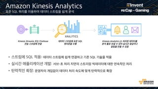 •  스트림에 SQL 적용: 데이터 스트림에 쉽게 연결하고 기존 SQL 기술을 적용
•  실시간 애플리케이션 개발: 서브-초 처리 지연의 스트리밍 빅데이터에 대한 연속적인 처리
•  탄력적인 확장: 운영자의 개입없이 데이터 처리 속도에 맞게 탄력적으로 확장
Amazon Kinesis Analytics
표준 SQL 쿼리를 이용하여 데이터 스트림을 쉽게 분석
Kinesis Streams 또는 Firehose
전송 스트림에 연결
데이터 스트림에 표준 SQL
쿼리문을 수행
Kinesis Analytics 는 처리된 데이터를
분석 툴로 보낼 수 있어 실시간 응답이나
알림을 만들 수 있음
 