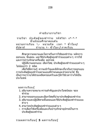 228




                     คำ า อธิ บ ายรายวิ ช า
รายวิ ช า  ประดิ ษ ฐ์ ข องชำ า ร่ ว ย รหั ส วิ ช า ง٢٠٢٠٢
            ชั ้ น มั ธ ยมศึ ก ษาตอนต้ น
หน่ ว ยการเรี ย น ١.٠ หน่ ว ยกิ ต เวลา ٢ ชั ่ ว โมง/
สั ป ดาห์           จำ า นวน ٤٠ ชั ่ ว โมง / ภาคเรี ย น

      ศึกษาความหมายและโอกาสในการใช้ของชำาร่วย หลักการ
ออกแบบ ขั้นตอน และวิธีประดิษฐ์ของชำาร่วยแบบต่าง ๆ การใช้
และการบำารุงรักษาเครื่องมือ อุปกรณ์
      ปฏิบัติงานออกแบบ เลือกวัสดุ ประดิษฐ์ของชำาร่วยแบบต่าง ๆ
ไม่น้อยกว่า 2 ชนิด
      เพื่อให้มีความรู้ ความเข้าใจและมีทักษะเกี่ยวกับการออกแบบ
การประดิษฐ์ของชำาร่วยตามแบบที่กำาหนดและจำาหน่ายได้ ซึ่ง
เป็นการหารายได้ช่วยเหลือครอบครัวและรู้จักใช้เวลาว่างให้เป็น
ประโยชน์


  ผลการเรี ย นรู ้
  1. อธิบายความหมาย ความสำาคัญและประโยชน์ของ ของ
     ชำาร่วย
  2. สามารถออกแบบและเลือกวัสดุที่นำามาประดิษฐ์ของชำาร่วย
  3. อธิบายและปฏิบัติตามขั้นตอนและวิธีประดิษฐ์ของชำาร่วยแบบ
     ต่าง ๆ
  4. สามารถประดิษฐ์ของชำาร่วยแบบต่าง ๆ
  5. การเลือกใช้เครื่องมือและเก็บบำารุงรักษาอุปกรณ์ในการ
     ประดิษฐ์ของชำาร่วย


รวมผลการเรี ย นรู ้ 5 ผลการเรี ย นรู ้
 