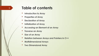 2 Table of contents
 Introduction to Array
 Properties of Array
 Declaration of Array
 Initialization of Array
 Accessing an Element of an Array
 Traverse an Array
 Size of an Array
 Relation between Arrays and Pointers in C++
 Multidimensional Arrays
 Two Dimensional Array
 