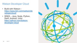 • Build with Watson -
https://www.ibm.com/watson/de
velopercloud/
• SDKS – Java, Node, Python,
Swift, Android, Unity
https://github.com/watson-
developer-cloud
25 3/7/17
Watson Developer Cloud
 