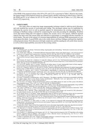  ISSN: 2088-8708
Int J Elec & Comp Eng, Vol. 12, No. 1, February 2022: 694-705
704
of the PSNR of the proposed scheme when EP=6.25% and 12.5% is presented in Table 3. Based on the results,
the marked images of the proposed scheme are of better quality, thereby confirming its effectiveness. Likewise,
the PSNR and EC of our scheme for EP=18.75% and 25% is better than that of Sahu et al. [32], Sahu and
Swain's [33] respectively.
5. CONCLUSION
This study offers an improving image steganography technique related to odd/even pixel allocation
and with modified the security of secret-data prior hiding. This developed scheme may be established for
enhancing the security level as well as payload capacity for determination the existing complications. A
technique of Huffman coding is utilized for compressing the secret data preceding the embedding. Modified
secret data before hiding that will support to enhance the security and as will capacity. Different payload
capacity has been used with current study and reflected as a percentage to correspond with the researches in
recent studies. The goal of the scheme is to increase imperceptibility by utilizing PSNR measurement so it can
stand against the attack. A good PSNR value in the results shown and these findings confirmed the eligibility
of the proposed scheme. Pixel allocation with high complexities and bits standing by will certify better security
as well as robust imperceptibility associated for the existing scheme.
REFERENCES
[1] M. Al-Mualla and H. Al-Ahmad, “Information hiding: steganography and watermarking,” Multimedia Communication and Signal
Processing (MCSI), 2009.
[2] D. K. Nayak and C. Bhagvati, “A threshold-LSB based information hiding scheme using digital images,” 2013 4th International
Conference on Computer and Communication Technology (ICCCT), 2013, pp. 269-272, doi: 10.1109/ICCCT.2013.6749639.
[3] W. A. Shukur and K. K. Jabbar, “Information hiding using LSB technique based on developed PSO algorithm,” International
Journal of Electrical and Computer Engineering (IJECE), vol. 8, no. 2, pp. 1156-1168, Apr. 2018, doi: 10.11591/ijece.v8i2.pp1156-
1168.
[4] M. M. Kareem, M. Ismail, M. A. Altahrawi, N. Arsad, M. F. Mansor, and A. H. Ali, “Grid based clustering technique in wireless
sensor network using hierarchical routing protocol,” 2018 IEEE 4th International Symposium on Telecommunication Technologies
(ISTT), 2018, pp. 1-5, doi: 10.1109/ISTT.2018.8701720.
[5] A. H. Ali, M. R. Mokhtar, and L. E. George, “Enhancing the hiding capacity of audio steganography based on block mapping,”
Journal of Theoretical and Applied Information Technology, vol. 95, no. 7, pp. 1441-1448, 2017.
[6] B. Wu, M. P. Chang, B. J. Shastri, P. Y. Ma, and P. R. Prucnal, “Dispersion deployment and compensation for optical steganography
based on noise,” in IEEE Photonics Technology Letters, vol. 28, no. 4, pp. 421-424, Feb. 2016, doi: 10.1109/LPT.2015.2496957.
[7] V. Sedighi, R. Cogranne, and J. Fridrich, “Content-adaptive steganography by minimizing statistical detectability,” in IEEE
Transactions on Information Forensics and Security, vol. 11, no. 2, pp. 221-234, Feb. 2016, doi: 10.1109/TIFS.2015.2486744.
[8] A. Alabaichi, M. A. A. K. Al-Dabbas, and A. Salih, “Image steganography using least significant bit and secret map techniques,”
International Journal of Electrical and Computer Engineering (IJECE), vol. 10, no. 1, pp. 935-946, 2020, doi:
10.11591/ijece.v10i1.pp935-946.
[9] O. Evsutin, A. Kokurina, R. Meshcheryakov, and O. Shumskaya, “The adaptive algorithm of information unmistakable embedding
into digital images based on the discrete Fourier transformation,” Multimedia Tools and Applications, vol. 77, no. 21,
pp. 28567-28599, 2018, doi: 10.1007/s11042-018-6055-9.
[10] A. H. Ali and A. D. Farhood, “Design and performance analysis of the WDM schemes for radio over fiber system with different
fiber propagation losses,” Fibers, vol. 7, no. 3, pp. 19, 2019, doi: 10.3390/fib7030019.
[11] S. Dhargupta, A. Chakraborty, S. K. Ghosal, S. Saha, and R. Sarkar, “Fuzzy edge detection-based steganography using modified
Gaussian distribution,” Multimedia Tools and Applications, vol 78, 2019, doi: 10.1007/s11042-018-7123-x.
[12] J. M. Lopes, P. Marrone, S. L. Pereira, and E.M. Dias, “Health 4.0: Challenges for an Orderly and Inclusive Innovation,” IEEE
Technol. Soc. Mag., vol. 38, no. 3, pp. 17–19, 2019, doi: 10.1109/MTS.2019.2930265
[13] R. Bhardwaja and V. Sharmab, “Image steganography based on complemented message and inverted bit LSB substitution,”
Procedia Computer Science, vol. 93, pp. 832–838, 2016, doi: 10.1016/j.procs.2016.07.245.
[14] M. M. Hashim and M. S. M. Rahim, “Image steganography based on odd/even pixels distribution scheme and two parameters
random function,” Journal of Theoretical & Applied Information Technology, vol. 95, no. 22, pp. 5977-5986, 2017.
[15] A. Farhood, M. K. Naji, S. H. Rhaif, and A. H. Ali, “Design and analysis of dual band integrated hexagonal haped microstrip UWB
antenna,” Indonesian Journal Electrical Engineering and Computer Science (IJEECS), vol. 15, no. 1, pp. 294-299, 2019, doi:
10.11591/ijeecs.v15.i1.pp294-299.
[16] M. M. S. A. Al-Momin, I. A. Abed, and H. A. Leftah, “A new approach for enhancing LSB steganography using bidirectional
coding scheme," International Journal of Electrical and Computer Engineering (IJECE), vol. 9, no. 6, pp. 5286-5294, 2019, doi:
10.11591/ijece.v9i6.pp5286-5294.
[17] S. Singh and A. Datar, “Improved hash-based approach for secure color image steganography using canny edge detection method,”
International Journal of Computer Science and Network Security (IJCSNS), vol. 14, no. 7, pp. 82-89, 2014.
[18] F. R. Patel and A. N. Cheeran, “Performance evaluation of steganography and AES encryption based on different formats of the
image,” International Journal of Advanced Research in Computer and Communications Engineering, vol. 4, no. 5, 2015, doi:
10.17148/ijarcce.2015.45140.
[19] H. M. Noman, A. A. Abdulrazzaq, M. M. Kareem, and A. H. Ali, “Improvement Investigation of the TCP algorithms with avoiding
network congestion based on OPNET,” IOP Conference Series: Materials Science and Engineering, vol. 518, no. 5, 2019,
Art. no. 052025, doi:10.1088/1757-899X/518/5/052025.
[20] P. Thakur, S. Kushwaha, and Y. Rai, “Enhance steganography techniques: A solution for image security,” International Journal of
Computer Applications, vol. 115, no. 3, 2015, doi: 10.5120/20133-2220.
 