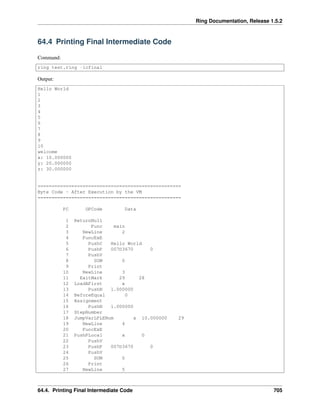 Ring Documentation, Release 1.5.2
64.4 Printing Final Intermediate Code
Command:
ring test.ring -icfinal
Output:
Hello World
1
2
3
4
5
6
7
8
9
10
welcome
x: 10.000000
y: 20.000000
z: 30.000000
===================================================
Byte Code - After Execution by the VM
===================================================
PC OPCode Data
1 ReturnNull
2 Func main
3 NewLine 2
4 FuncExE
5 PushC Hello World
6 PushP 007D3670 0
7 PushV
8 SUM 0
9 Print
10 NewLine 3
11 ExitMark 29 28
12 LoadAFirst x
13 PushN 1.000000
14 BeforeEqual 0
15 Assignment
16 PushN 1.000000
17 StepNumber
18 JumpVarLPLENum x 10.000000 29
19 NewLine 4
20 FuncExE
21 PushPLocal x 0
22 PushV
23 PushP 007D3670 0
24 PushV
25 SUM 0
26 Print
27 NewLine 5
64.4. Printing Final Intermediate Code 705
 