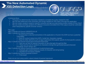 The New Automated Dynamic
XSS Detection Logic
 Underlying Ideas:
 The goal is to determine the characters needed to complete the syntax needed for XSS
 We can then determine if the characters and strings needed for XSS make it through the application
 We can create variations based on specific scenarios and get accurate testing results instead of firing “blind”
 We can create encoding variations for different characters and determine if the output would be vulnerable
when interpreted by specific browser versions
 The Logic:
 http://vulnsite.com?param=WEBSITEVALUE
 http://vulnsite.com?param=tracervalue
 <-- If tracervalue is returned somewhere in the application or found in the DOM we have a potential
vulnerability
 <-- Parse for syntax & determine HMTL/script/etc. characters needed
 <-- Parse for other elements such as tags to generate XSS exploits specific for that specific scenario
 http://vulnsite.com?param=tracervalue<character>tracervalue
 <--- Now we can test for special characters to see what gets through the filter
 <--- There can be a lot of variations on characters/strings that get tested/passed (character
encodings, known strings, etc.)
 http://vulnsite.com?param=tracervalue<payload (custom)>tracervalue
 <--- Payloads get created based on results of character and string testing
 <--- Possible but not always needed
 http://vulnsite.com?param=payload (custom)
 <--- Final result
 (Note we are now using custom values instead of payload signatures)
http://xssWarrior.com 
 
All Material and Methods Contained Here Patent Pending. All Rights Reserved 
 