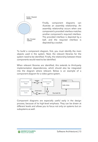 Software Architecture | 13
Finally, component diagrams can
illustrate an assembly relationship. An
assembly relationship occurs when one
component’s provided interface matches
another component’s required interface.
The provided interface is depicted by a
ball, and the required interface is
depicted by a socket.
To build a component diagram, first, you must identify the main
objects used in the system. Next, the relevant libraries for the
system need to be identified. Finally, the relationship between these
components would need to be identified.
When relevant libraries are identified, this extends to third-party
implementation dependencies, which should also be integrated
into the diagram where relevant. Below is an example of a
component diagram for a video game system.
Component diagrams are especially useful early in the design
process, because of its high-level emphasis. They can be drawn at
different levels and allows you to focus not only on systems but on
subsystems as well.
 