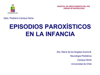 EPISODIOS PAROXÍSTICOS
EN LA INFANCIA
HOSPITAL DE NIÑOS ROBERTO DEL RIO
UNIDAD DE NEUROLOGIA
Dra. Maria de los Angeles Avaria B.
Neurología Pediátrica
Campus Norte
Universidad de Chile
Dpto. Pediatría Campus Norte
 
