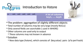 Introduction to Hstore
id col1 col2 col3 col4 col5 A lot of columns
key1, …. keyN
●
The problem: aggregation of slightly different objects
●
Total number of columns may be very large (mostly NULLs)
●
Only several fields are searchable ( used in WHERE)
●
Other columns are used only to output
●
These columns may not known in advance
●
Solution
●
New data type (hstore), which consists of (key,value) pairs (a'la perl hash)
 