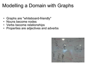 Modelling a Domain with Graphs Graphs are &quot;whiteboard-friendly&quot; Nouns become nodes Verbs become relationships Properties are adjectives and adverbs 