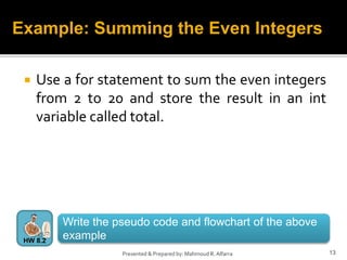  Use a for statement to sum the even integers
from 2 to 20 and store the result in an int
variable called total.
13
Presented & Prepared by: Mahmoud R. Alfarra
Example: Summing the Even Integers
Write the pseudo code and flowchart of the above
example
HW 8.2
 
