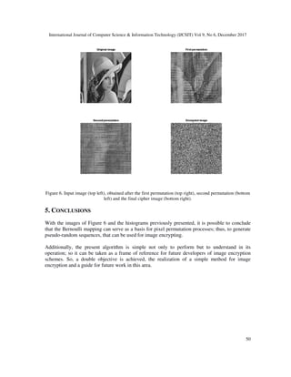 International Journal of Computer Science &
Figure 6. Input image (top left), obtained after the first permutation (top right), second permutation (bottom
left) and the final cipher image (bottom right).
5. CONCLUSIONS
With the images of Figure 6 and the histograms previously presented, it is possible to conclude
that the Bernoulli mapping can serve as a basis for pixel permutation processes; thus, to generate
pseudo-random sequences, that can be used for image encrypting.
Additionally, the present algorithm is simple not only to perform but to understand in its
operation; so it can be taken as a frame of reference for future developers of image encryption
schemes. So, a double objective is achieved, the realization of a simp
encryption and a guide for future work in this area.
International Journal of Computer Science & Information Technology (IJCSIT) Vol 9, No 6, December 2017
Figure 6. Input image (top left), obtained after the first permutation (top right), second permutation (bottom
left) and the final cipher image (bottom right).
the images of Figure 6 and the histograms previously presented, it is possible to conclude
that the Bernoulli mapping can serve as a basis for pixel permutation processes; thus, to generate
random sequences, that can be used for image encrypting.
dditionally, the present algorithm is simple not only to perform but to understand in its
operation; so it can be taken as a frame of reference for future developers of image encryption
schemes. So, a double objective is achieved, the realization of a simple method for image
encryption and a guide for future work in this area.
Information Technology (IJCSIT) Vol 9, No 6, December 2017
50
Figure 6. Input image (top left), obtained after the first permutation (top right), second permutation (bottom
the images of Figure 6 and the histograms previously presented, it is possible to conclude
that the Bernoulli mapping can serve as a basis for pixel permutation processes; thus, to generate
dditionally, the present algorithm is simple not only to perform but to understand in its
operation; so it can be taken as a frame of reference for future developers of image encryption
le method for image
 