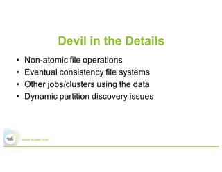Devil in the Details
• Non-atomic file operations
• Eventual consistency file systems
• Other jobs/clusters using the data
• Dynamic partition discovery issues
 