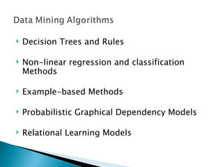 Decision Trees and Rules Non-linear regression and classification Methods Example-based Methods Probabilistic Graphical Dependency Models Relational Learning Models 