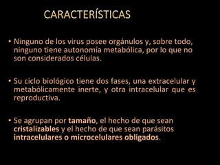 • Ninguno de los virus posee orgánulos y, sobre todo,
ninguno tiene autonomía metabólica, por lo que no
son considerados células.
• Su ciclo biológico tiene dos fases, una extracelular y
metabólicamente inerte, y otra intracelular que es
reproductiva.
• Se agrupan por tamaño, el hecho de que sean
cristalizables y el hecho de que sean parásitos
intracelulares o microcelulares obligados.
 