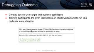 © 2017 Aarna Networks, Inc.
Debugging Outcome
● Created easy to use scripts that address each issue
● Training participants are given instructions on which workaround to run in a
particular error situation
 