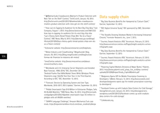 4
“@WalmartLabs Crowdsources Walmart’s Product Selection with
New ‘Get on the Shelf’ Contest,” TechCrunch, January 18, 2012.
http://techcrunch.com/2012/01/18/walmartlabs-crowdsources-
retailers-product-selection-with-new-get-on-the-shelf-contest/
5
“How Lay’s Is Tapping Its Audience for Its Next Big Chip Idea,” Fast
Company, August 1, 2012. http://www.fastcocreate.com/1681333/
how-lays-is-tapping-its-audience-for-its-next-big-chip-idea
“Lay’s Cheesy Garlic Bread Potato Chips Win ‘Do Us a Flavor’
Contest,” ABC News, May 8, 2013. http://abcnews.go.com/blogs/
lifestyle/2013/05/lays-cheesy-garlic-bread-potato-chips-win-do-
us-a-flavor-contest/
6
Kickstarter website: http://www.kickstarter.com/help/stats.
7
“Motor Industry and Crowdfunding,” Megafounder Blog,
January 29, 2013. http://blog.megafounder.com/blog/nuevas-
formas-de-financiar-la-industria-del-motor/
8
InnoCentive website: http://www.innocentive.com/about-
innocentive/facts-stats.
9
“Worldwide and U.S. Enterprise Server Shipments and Installed
Base Forecast, 1996–2016,” IDC, December 2012.
“Android Pushes Past 80% Market Share While Windows Phone
Shipments Leap 156.0% Year Over Year in the Third Quarter,
According to IDC,” IDC, November 12, 2013.
10
“Forecast: Devices by Operating System and User Type,
Worldwide, 2010-2017, 3Q13 Update,” Gartner, September 25, 2013.
11
“Pebble Smartwatch Tops $10 Million in Kickstarter Pledges, Sells
All 85,000 Watches,” TNW News, May 10, 2012. http://thenextweb.
com/gadgets/2012/05/10/pebble-smartwatch-tops-10-million-in-
pledges-sells-all-85000-watches/
12
“DARPA Language Challenge,” Amazon Mechanical Turk case
study. https://requestersandbox.mturk.com/case_studies/cs/darpa
Data supply chain
1
“Big Data Business Benefits Are Hampered by ‘Culture Clash’,”
Gartner, September 12, 2013.
2
“IDC Digital Universe Study,” IDC sponsored by EMC, December
2012.
3
“The Steadily Growing Database Market Is Increasing Enterprises’
Choices,” Forrester Research, Inc., June 7, 2013.
4
“Journey Toward Analytics ROI,” Accenture, February 27, 2013.
http://www.accenture.com/us-en/Pages/insight-analytics-action-
infographic.aspx
5
“Big Data Business Benefits Are Hampered by ‘Culture Clash,’”
Gartner, September 12, 2013.
6
“Journey Toward Analytics ROI,” Accenture, February 27, 2013.
http://www.accenture.com/us-en/Pages/insight-analytics-action-
infographic.aspx
7
“Powering Capital Markets Divisions at Major Banks,” Palantir,
2012. http://www.palantir.com/_ptwp_live_ect0/wp-content/
uploads/2012/06/ImpactStudy_CapitalMarkets.pdf
8
“Walgreens Opens API for Mobile Prescription Scanning to
Developers,” eWeek, February 13, 2013. http://www.eweek.com/
developer/walgreens-opens-api-for-mobile-prescription-scanning-
to-developers/
9
“Facebook Comes up with Exabyte Data Centers for Cold Storage,”
StorageServers.com, January 23, 2013. http://storageservers.
wordpress.com/2013/01/23/facebook-comes-up-with-exabyte-
data-centers-for-cold-storage/
10
Collaborate.org.
#techvision2014
106
NOTES
 