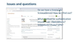 Do we have a license for
ScienceDirect? How do I find out?
What method for authentication
should I use - OpenAthens?
Shibboleth? Proxy? VPN?
Issues and questions
 