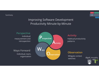 40Summary
Improving Software Development
Productivity Minute-by-Minute
Perspective
Individual
measurement and
retrospection
Ways Forward
Individual, team,
organization
Activity
Habitual productivity
patterns
Observation
Mitigate context
switches
Perspective
Activity
Ways
Observation
@gail_murphy
 