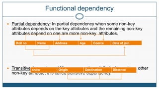 Functional dependency

 Partial dependency: In partial dependency when some non-key
  attributes depends on the key attributes and the remaining non-key
  attributes depend on one are more non-key attributes.

    Roll no    Name      Address      Age     Coerce       Date of join




 Transitive dependency: When one non-key attribute Distance
             snow        Origin     Destination     depends on other
  non-key attribute, it is called transitive dependency.
 