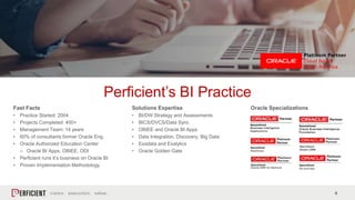 6
Perficient’s BI Practice
Solutions Expertise
• BI/DW Strategy and Assessments
• BICS/DVCS/Data Sync
• OBIEE and Oracle BI Apps
• Data Integration, Discovery, Big Data
• Exadata and Exalytics
• Oracle Golden Gate
Fast Facts
• Practice Started: 2004
• Projects Completed: 400+
• Management Team: 14 years
• 60% of consultants former Oracle Eng.
• Oracle Authorized Education Center
– Oracle BI Apps, OBIEE, ODI
• Perficient runs it’s business on Oracle BI
• Proven Implementation Methodology
Oracle Specializations
 