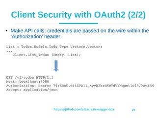 https://github.com/stcarrez/swagger-ada 29
Client Security with OAuth2 (2/2)
● Make API calls: credentials are passed on the wire within the
‘Authorization’ header
List : Todos.Models.Todo_Type_Vectors.Vector;
...
   Client.List_Todos (Empty, List);
GET /v1/todos HTTP/1.1
Host: localhost:8080
Authorization: Bearer 74rE0wU.d44CPAll_kyyB2krd8bYdVYWqgmtloIR.9zyiBM
Accept: application/json
 