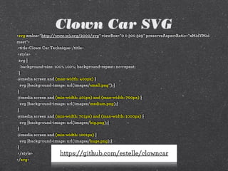 Clown Car SVG
<svg xmlns="http://www.w3.org/2000/svg" viewBox="0 0 300 329" preserveAspectRatio="xMidYMid
meet">
<title>Clown Car Technique</title>
<style>
svg {
background-size: 100% 100%; background-repeat: no-repeat;
}
@media screen and (max-width: 400px) {
svg {background-image: url(images/small.png");}
}
@media screen and (min-width: 401px) and (max-width: 700px) {
svg {background-image: url(images/medium.png);}
}
@media screen and (min-width: 701px) and (max-width: 1000px) {
svg {background-image: url(images/big.png);}
}
@media screen and (min-width: 1001px) {
svg {background-image: url(images/huge.png);}
}
</style>
</svg>
https://github.com/estelle/clowncar
 