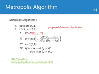 Metropolis Algorithm 11
http://visualize-
mcmc.appspot.com/2_metropolis.html
1. Initialize 𝜃0, Σ
2. For 𝑘 = 1,2,3, …
I. 𝜃∗
~𝑁 𝜃 𝑘−1, Σ
II. 𝛼 = min 1,
𝑝 𝜃∗ 𝑧1, … , 𝑧 𝑀
𝑝 𝜃 𝑘−1 𝑧1, … , 𝑧 𝑀
III. 𝑢~𝑈(0,1)
IV. 𝑖𝑓 𝑢 < 𝛼 ∶ set 𝜃 𝑘 = 𝜃∗
𝑒𝑙𝑠𝑒 ∶ set 𝜃 𝑘 = 𝜃 𝑘−1
Metropolis Algorithm :
proposed Gaussian distribution
 