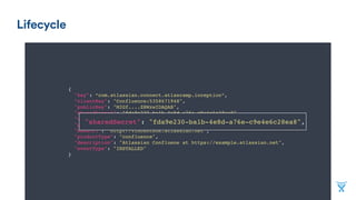 Lifecycle
e
{
"key": “com.atlassian.connect.atlascamp.inception”,
"clientKey": "Confluence:5358671948",
"publicKey": "MIGf....ZRWzwIDAQAB",
"sharedSecret": "fda9e230-ba1b-4e8d-a76e-c9e4e6c28ea8",
"serverVersion": "6437",
"pluginsVersion": "1.1.81",
"baseUrl": “http://vincentkok.atlassian.net",
"productType": "confluence",
"description": "Atlassian Confluene at https://example.atlassian.net",
"eventType": "INSTALLED"
}
"sharedSecret": "fda9e230-ba1b-4e8d-a76e-c9e4e6c28ea8",
 